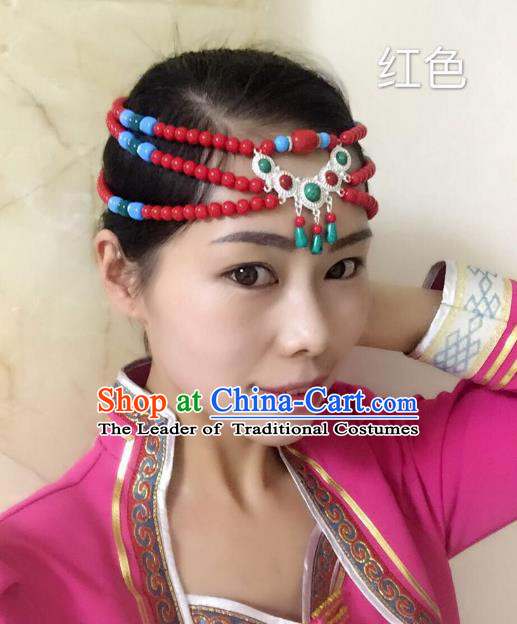Traditional Handmade Chinese Mongol Nationality Handmade Red Beads Headband, China Mongols Mongolian Minority Nationality Wedding Bride Tassel Headwear Headpiece for Women
