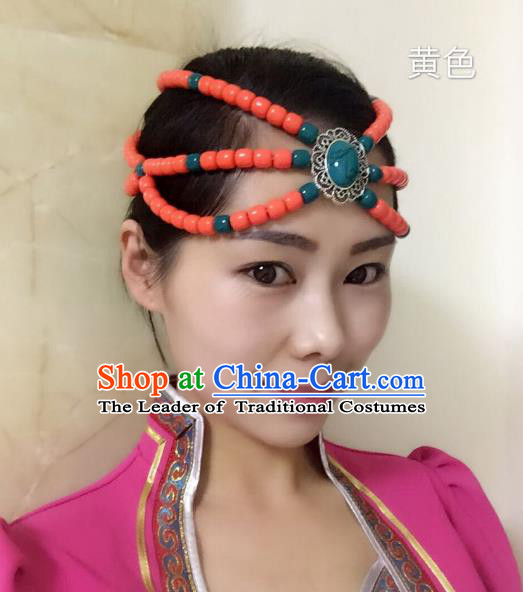 Traditional Handmade Chinese Mongol Nationality Handmade Orange Beads Headband, China Mongols Mongolian Minority Nationality Wedding Bride Headwear Headpiece for Women