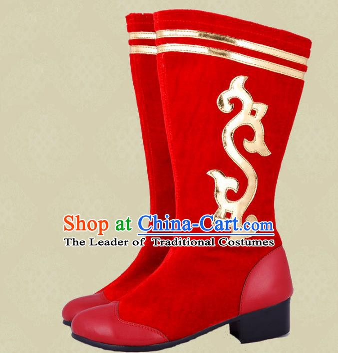 Traditional Chinese Minority Mongol Nationality Dance White Shoes, Ethnic Minorities Red Mongolian Boots for Women