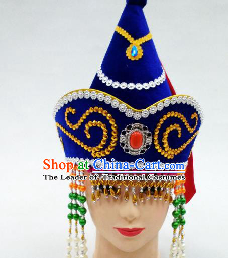 Traditional Handmade Chinese Mongol Nationality Handmade Princess Tassel Royalblue Hat Hair Accessories, China Mongols Mongolian Minority Nationality Wedding Headwear for Women