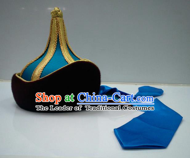 Traditional Handmade Chinese Mongol Nationality Handmade Prince Blue Hat Hair Accessories, China Mongols Mongolian Minority Nationality Bridegroom Headwear for Men