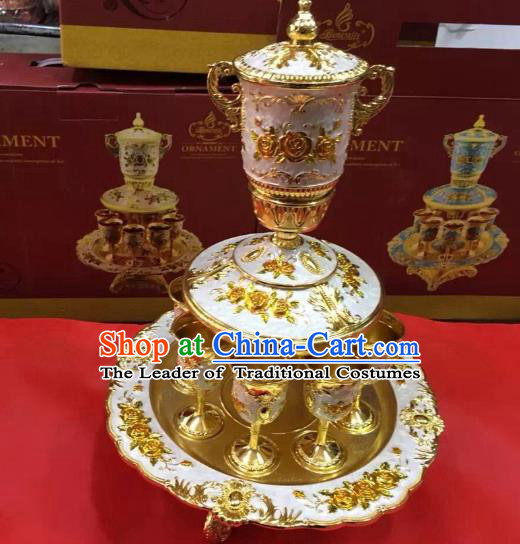 Traditional Handmade Chinese Mongol Nationality Crafts White Wine Set, China Mongolian Minority Nationality Cloisonne Carving Flagon and Drinking Cup