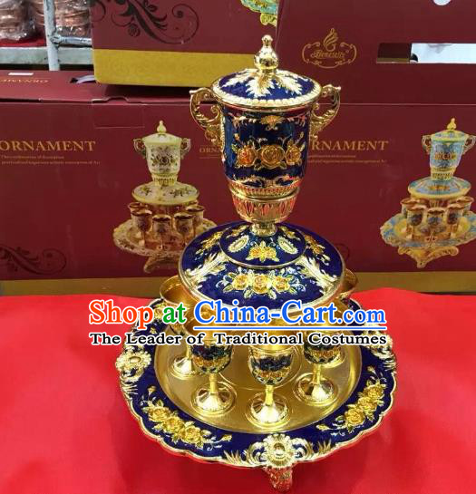 Traditional Handmade Chinese Mongol Nationality Crafts Blue Wine Set, China Mongolian Minority Nationality Cloisonne Carving Flagon and Drinking Cup
