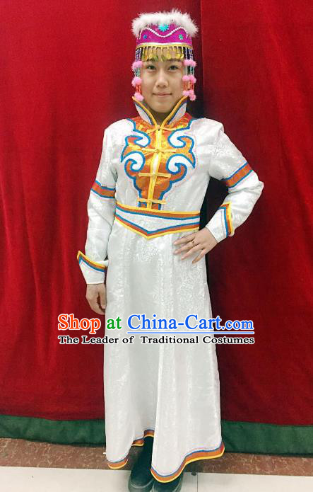 Traditional Chinese Mongol Nationality Dance Costume Handmade Wedding Bride Mongolian Robe, China Mongolian Minority Nationality White Dress Clothing for Women