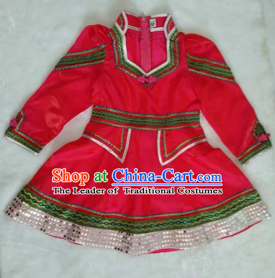 Traditional Chinese Mongol Nationality Dance Costume Handmade Mongolian Robe, China Mongolian Minority Nationality Red Dress for Kids