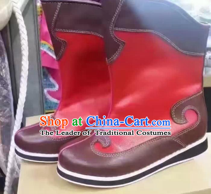 Traditional Chinese Minority Mongol Nationality Dance Red Shoes, Ethnic Minorities Mongolian Boots for Kids