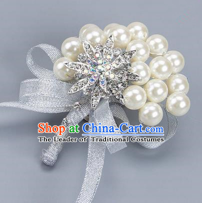 Top Grade Wedding Accessories Decoration Pearl Corsage, China Style Wedding Ornament Champagne Bride Bridegroom Grey Ribbon Crystal Brooch