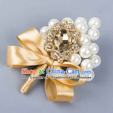 Top Grade Wedding Accessories Decoration Pearl Corsage, China Style Wedding Ornament Champagne Bride Bridegroom Golden Ribbon Crystal Brooch