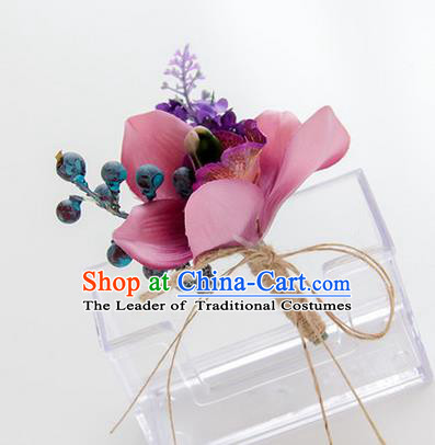 Top Grade Classical Wedding Bacca Pink Silk Flowers,Groom Emulational Corsage Groomsman Brooch Flowers for Men