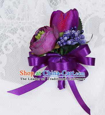 Top Grade Classical Wedding Purple Silk Flowers,Groom Emulational Corsage Groomsman Brooch Flowers for Men