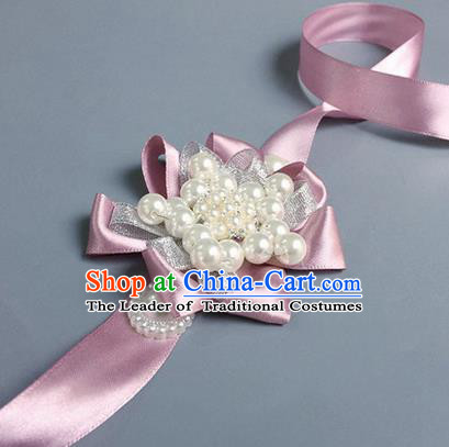 Top Grade Classical Wedding Pearl Pink Ribbon Bangle, Bride Emulational Wrist Flowers Bridesmaid Bracelet Flowers for Women