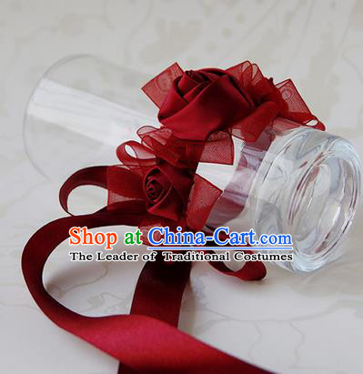 Top Grade Classical Wedding Ribbon Wine Red Silk Flowers, Bride Emulational Wrist Flowers Bridesmaid Bracelet Flowers for Women