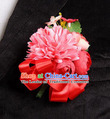 Top Grade Classical Wedding Red Ribbon Silk Flowers,Groom Emulational Corsage Groomsman Brooch Flowers for Men