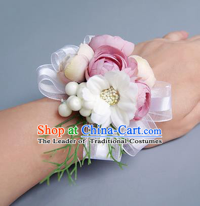 Top Grade Classical Wedding Dusty Pink Silk Flowers, Bride Emulational Wrist Flowers Bridesmaid Bracelet Flowers for Women