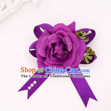 Top Grade Classical Wedding Purple Silk Flowers, Bride Emulational Corsage Bridesmaid Bowknot Ribbon Brooch Rose Flowers for Women