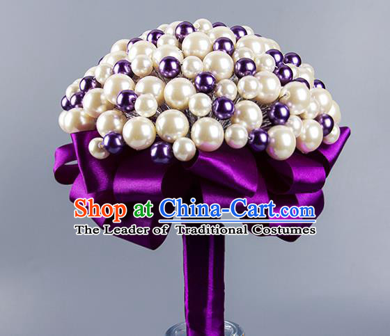 Top Grade Classical Wedding Bride Purple Ribbon Holding Emulational Crystal Flowers Ball, Hand Tied Bouquet Pearls Flowers for Women