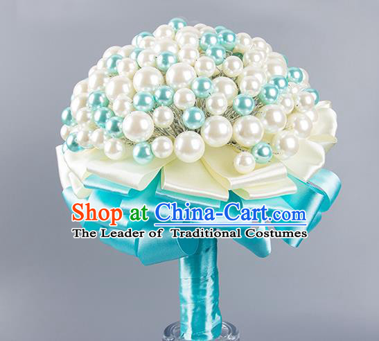 Top Grade Classical Wedding Bride Blue Ribbon Holding Emulational Crystal Flowers Ball, Hand Tied Bouquet Pearls Flowers for Women