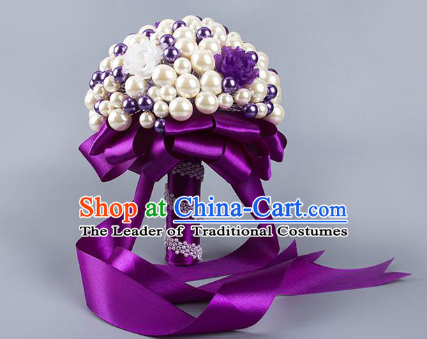 Top Grade Classical Wedding Bride Purple Flowers Holding Emulational Crystal Flowers Ball, Hand Tied Bouquet Pearls Flowers for Women
