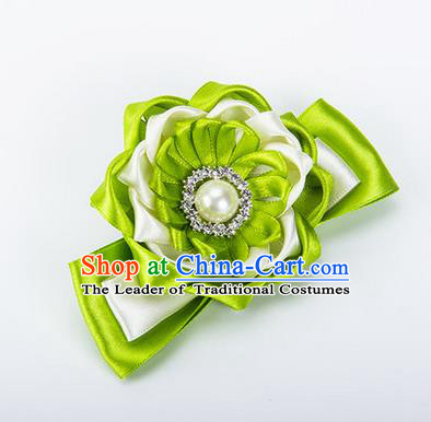 Top Grade Classical Wedding Green Ribbon Silk Bangle Flowers, Bride Emulational Wrist Flowers Bridesmaid Bracelet Pearl Flowers for Women