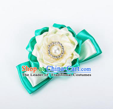 Top Grade Classical Wedding White Green Ribbon Silk Bangle Flowers, Bride Emulational Wrist Flowers Bridesmaid Bracelet Pearl Flowers for Women