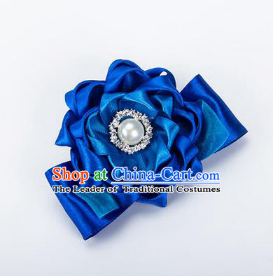 Top Grade Classical Wedding Royalblue Ribbon Silk Bangle Flowers, Bride Emulational Wrist Flowers Bridesmaid Bracelet Pearl Flowers for Women
