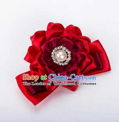 Top Grade Classical Wedding Wine Red Ribbon Silk Bangle Flowers, Bride Emulational Wrist Flowers Bridesmaid Bracelet Pearl Flowers for Women
