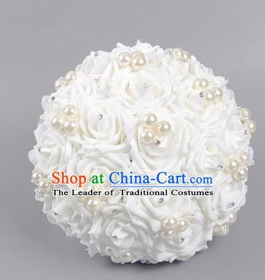 Top Grade Classical Wedding White Silk Rose Flowers, Bride Holding Emulational Flowers, Hand Tied Bouquet Pearl Flowers for Women