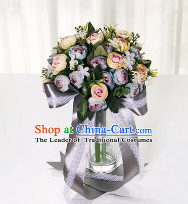 Top Grade Classical Wedding Grey Ribbon Silk Flowers, Bride Holding Emulational Flowers, Hand Tied Bouquet Flowers for Women
