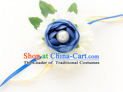 Top Grade Classical Wedding White and Blue Silk Flowers, Bride Emulational Wrist Flowers Bridesmaid Pearl Bracelet Flowers for Women