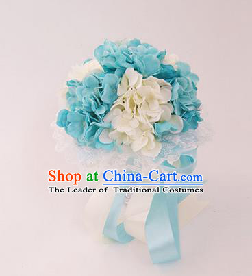 Top Grade Classical Wedding Silk Flowers, Bride Holding Emulational White and Blue Flowers Ball, Hand Tied Bouquet Flowers for Women
