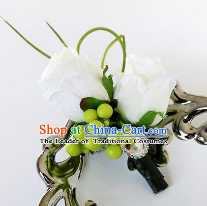 Top Grade Classical Wedding White Roses Corsage Brooch, Groom Emulational Corsage Groomsman Brooch Flowers for Men