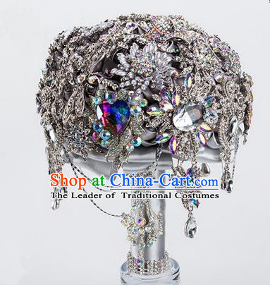 Top Grade Classical China Wedding Extravagant CZ Diamond Flowers Nosegay, Bride Holding Emulational Crystal Flowers Ball, Tassel Hand Tied Bouquet Flowers for Women