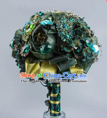 Top Grade Classical China Wedding Extravagant Flowers Nosegay, Bride Holding Luxury Green Crystal Flowers Ball, Tassel Hand Tied Bouquet Flowers for Women