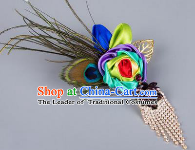 Top Grade Classical Wedding Peacock Feather Brooch, Bride Emulational Corsage Bridesmaid Crystal Tassel Brooch Flowers for Women