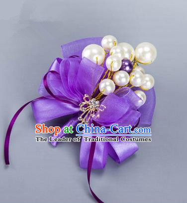 Top Grade Classical Wedding Purple Ribbon Brooch, Bride Emulational Corsage Bridesmaid Pearl Brooch Flowers for Women