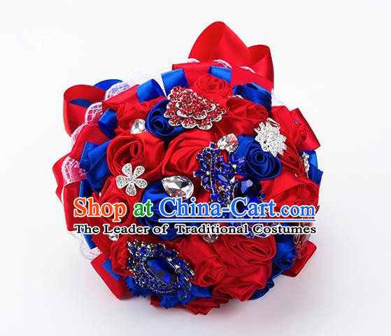 Top Grade Classical China Wedding Extravagant Ribbon Rose Flowers Nosegay, Bride Holding Luxury Crystal Flowers Ball Hand Tied Bouquet Flowers for Women
