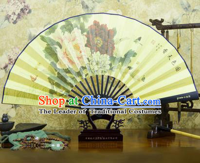 Traditional Chinese Crafts Ebonize Folding Fan, China Sensu Ink Painting Peony Silk Fan Hanfu Fans for Men
