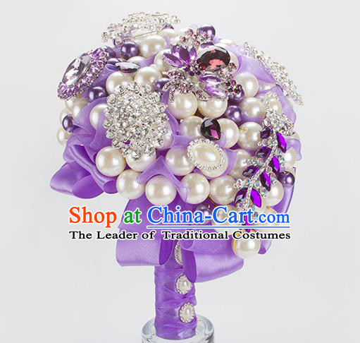 Top Grade Classical Wedding Bride Purple Ribbon Flowers Holding Emulational Flowers Ball, Crystal Hand Tied Bouquet Flowers for Women