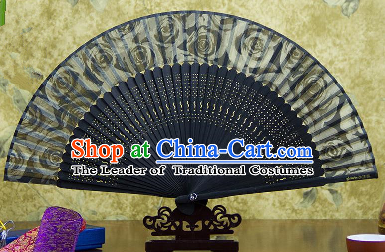 Traditional Chinese Handmade Crafts Black Folding Fan, China Sensu Ink Painting Flowers Silk Fan Hanfu Fans for Women