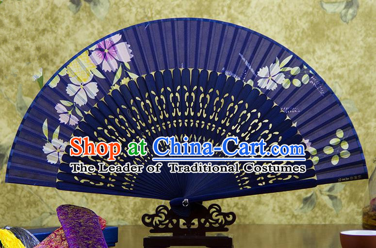 Traditional Chinese Handmade Crafts Deep Purple Folding Fan, China Sensu Printing Flowers Silk Fan Hanfu Fans for Women