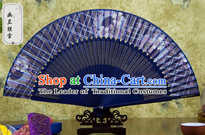 Traditional Chinese Handmade Crafts Royalblue Folding Fan, China Sensu Printing Flowers Silk Fan Hanfu Fans for Women