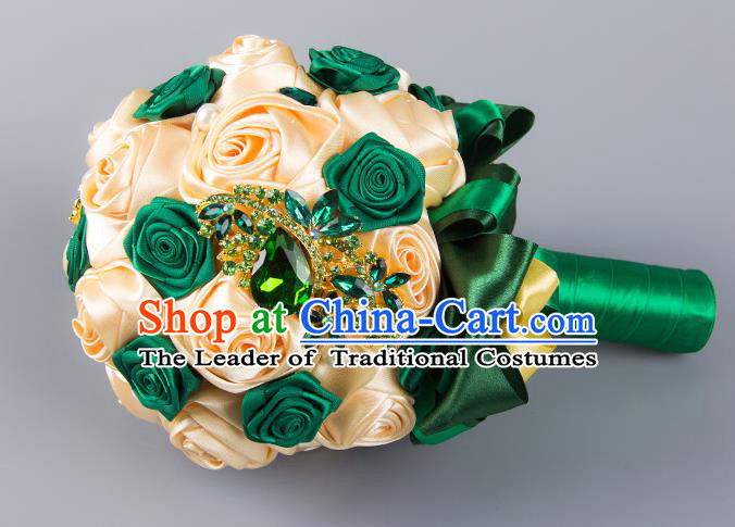 Top Grade Classical Wedding Bride Champagne and Green Silk Rose Flowers Holding Emulational Flowers Ball, Hand Tied Bouquet Flowers for Women