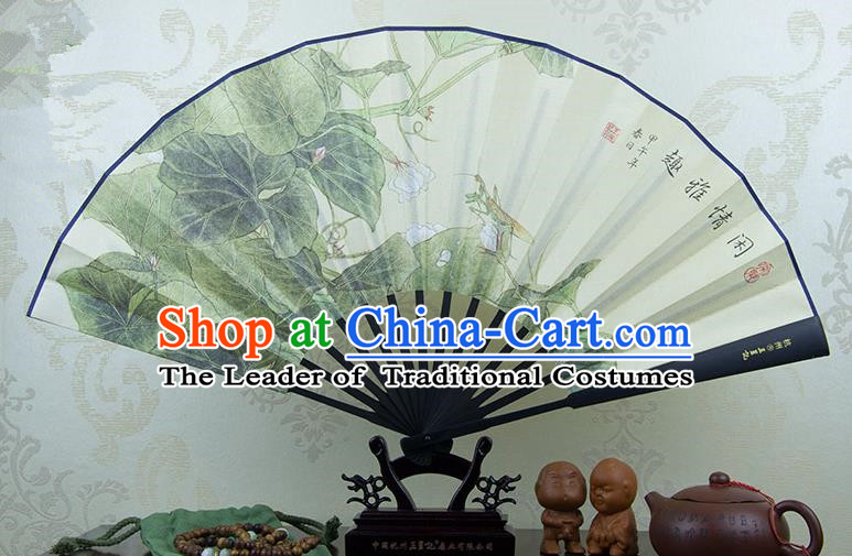 Traditional Chinese Handmade Crafts Ebonize White Folding Fan, China Sensu Painting West Lake Lotus Silk Fan Hanfu Fans for Men