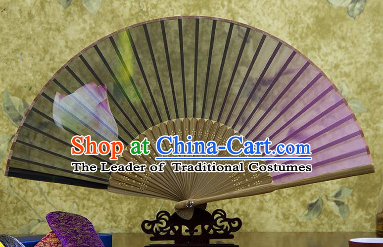 Traditional Chinese Handmade Crafts Folding Fan, China Green Printing Lotus Flowers Sensu Pink Silk Fan Hanfu Fans for Women