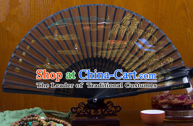 Traditional Chinese Handmade Crafts Folding Fan, China Printing West Lake Scenery Sensu Silk Fan Hanfu Fans for Women