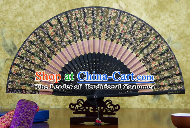 Traditional Chinese Handmade Crafts Two-segment Folding Fan, China Printing Flowers Sensu Black Silk Fan Hanfu Fans for Women