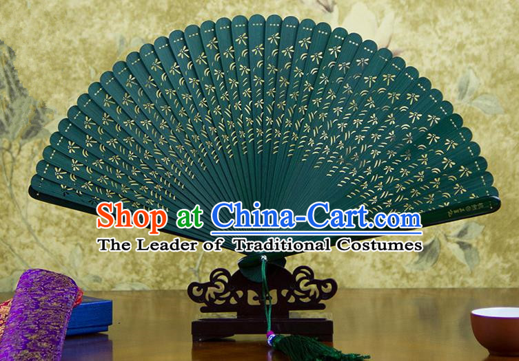 Traditional Chinese Handmade Crafts Bamboo Carving Folding Fan, China Classical Printing Dragonfly Sensu Hollow Out Wood Green Fan Hanfu Fans for Women