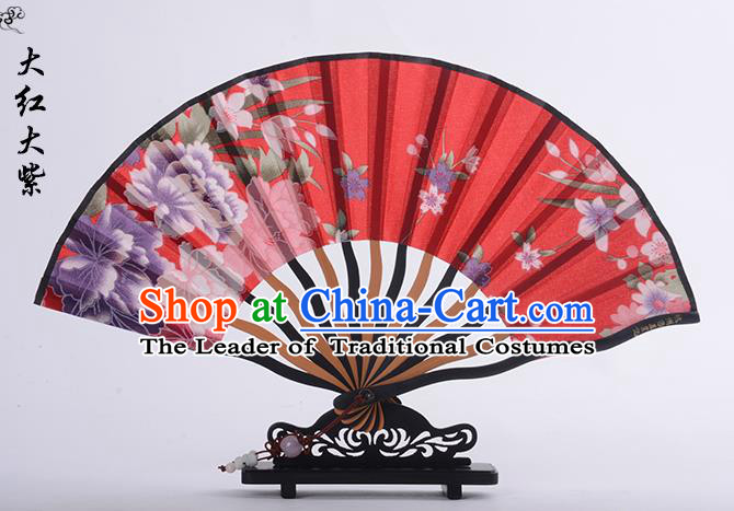 Traditional Chinese Handmade Crafts Folding Fan, China Printing Flower Sensu Red Silk Fan Hanfu Fans for Women