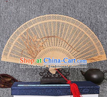 Traditional Chinese Handmade Crafts Sandalwood Folding Fan, China Classical Orchid Sensu Hollow Out Wood Fan Hanfu Fans for Women