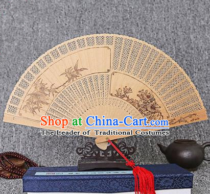 Traditional Chinese Handmade Crafts Sandalwood Folding Fan, China Classical Bamboo and Chrysanthemum Sensu Hollow Out Wood Fan Hanfu Fans for Women